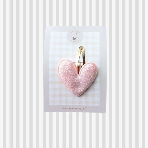 Barrette clic-clac cœur – rose pailleté